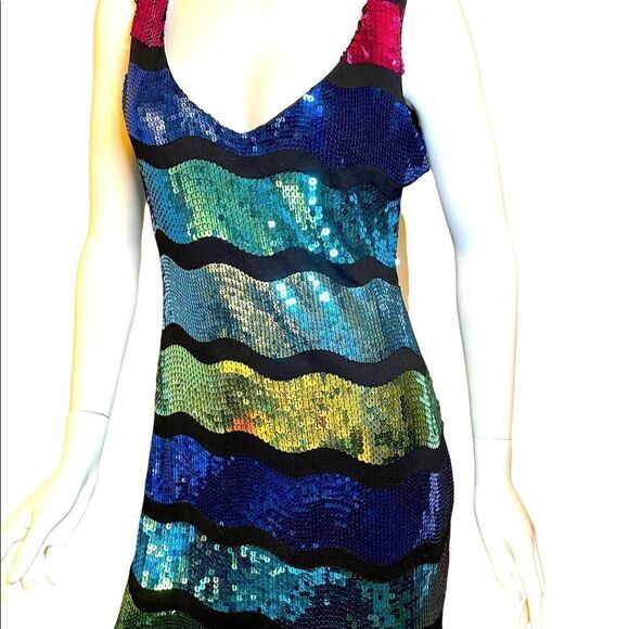 Frederick’s  of Hollywood Bright Color Block Sequin Tank Slip Mini Dress L Neon - Picture 14 of 15